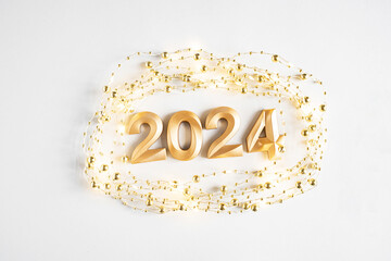 Greeting card - happy new year with numbers 2024 in decoration lights frame on white background.