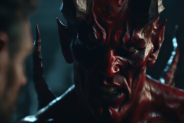 demon with red eyes and horns demon with red eyes and horns close up of devil with red horns - obrazy, fototapety, plakaty