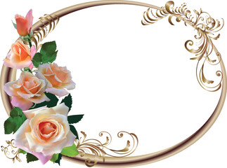cream rose flowers in brown oval frame on white