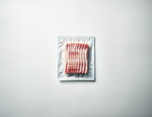 Raw Back Bacon in Vacuum-Sealed Plastic Packaging - Aerial View on White Background