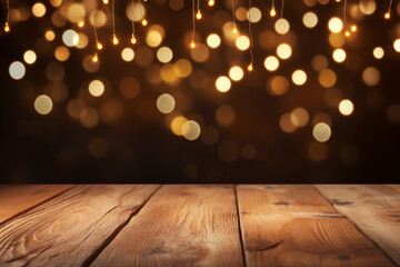 Festive Bokeh Lights with Rustic Wooden Table.