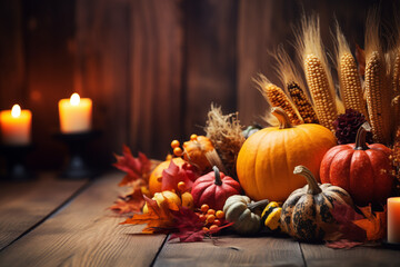 Thanksgiving Fall theme - Fall harvest arrangement on Rustic Table with Candles and String Lights 