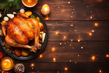 Top view Thanksgiving banner with roast turkey dish on rustic table with candles and string lights. Promotional materials for holiday meal