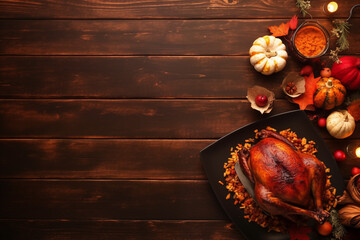 Top view Thanksgiving banner with roast turkey dish on rustic table with candles and string lights. Promotional materials for holiday meal