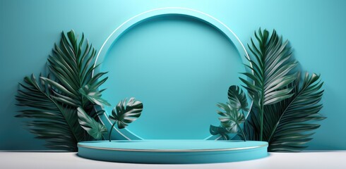 Green palm plant on a pedestal and blue, in the style of circular shapes, minimalist stage designs. There is space to place products.