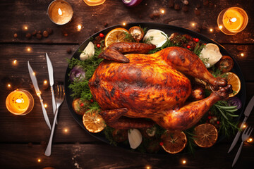Top view Thanksgiving banner with roast turkey dish on rustic table with candles and string lights. Promotional materials for holiday meal
