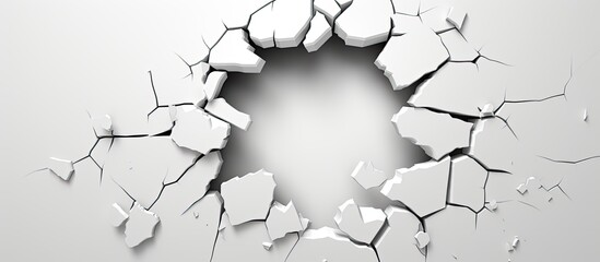 Illustration depicting a damaged white wall featuring a central aperture presented in three dimensions - obrazy, fototapety, plakaty