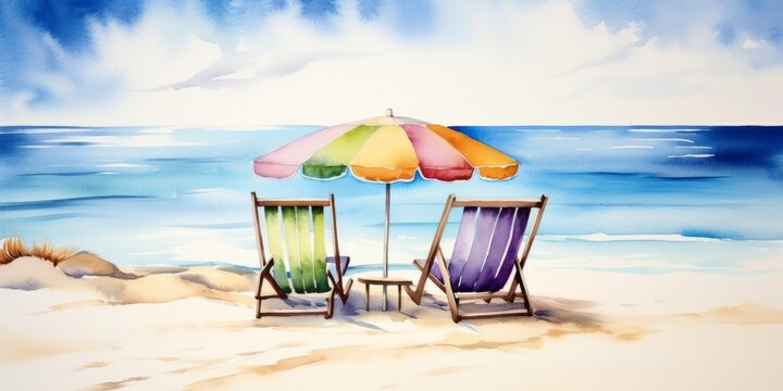 Beautiful beach banner. White sand, chairs and umbrella travel tourism wide panorama background concept. Amazing beach watercolor landscape watercolor, Generative AI