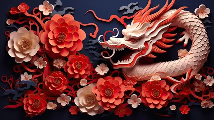 Foto op Plexiglas Golden dragon and paper cut plum blossoms. Celebration banner for the Chinese New Year. 2024 is the Year of the Dragon. © Rixie