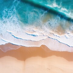 Ocean waves on the beach as a background. Beautiful natural summer vacation holidays background. Aerial top down view of beach and sea with blue water, Generative AI