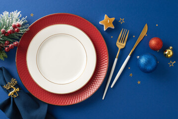 Design restaurant's holiday table arrangement. Top view photo showcases shimmering table settings,...