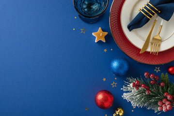 Top view glamorous holiday table arrangement, featuring glistening tableware, napkin ring, baubles, and star-shaped candle, set against a wintry blue backdrop with space for your text or advertisement