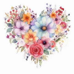 Floral heart. Heart of flowers. Wedding card. Love symbol on white background. Valentine watercolor poster, Generative AI
