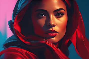 beautiful young muslim girl with red hijab.beautiful young muslim girl with red hijab.portrait of beautiful woman in blue dress with red scarf.