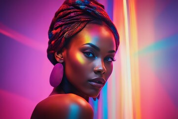 Naklejka na ściany i meble beautiful african american woman with bright colorful makeup in neon lights beautiful african american woman with bright colorful makeup in neon lights beautiful young african woman in a bright neon l