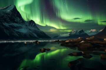 Lofoten Islands: green Northern Lights over mountains, polar lights in night sky, aurora and reflections on water's surface in nighttime win. Generative AI - obrazy, fototapety, plakaty