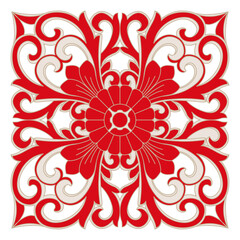 Red white symmetrical floral pattern design. Abstract flower petals leaves curves swirls complex ornate, square shape. Background wallpaper tiles decorative art graphics.