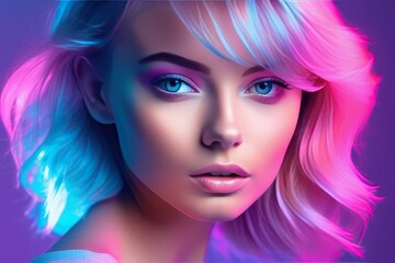 portrait of a young girl with a neon light in the background portrait of a young girl with a neon light in the background portrait of young woman with blue gradient hair and neon lights
