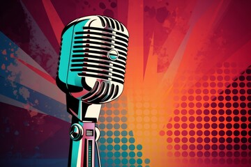 Retro style microphone on a stage with comic background. Microphone, Generative AI