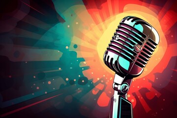Retro style microphone on a stage with comic background. Microphone, Generative AI