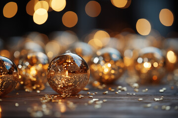 Festive Holiday Decor with Gold Christmas Baubles and Glitter.

