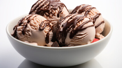 Chocolate and Strawberry Flavour Ice Cream Scoops in one White Bowl on White Selective Focus Background