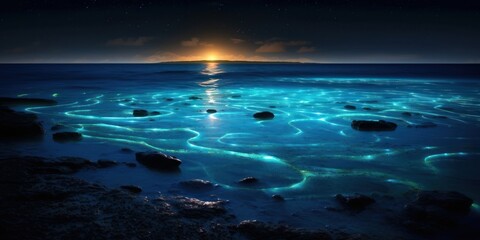 Fototapeta na wymiar Bioluminescence. Bio luminescent ocean. Bioluminescent plankton in the sea, Generative AI