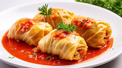 Cabbage Rolls Stuffed with Ground Beef and Rice Served on a White Plate Defocused Background