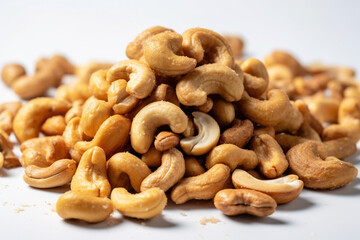 Fototapeta premium Cashew nuts piled together on a white background