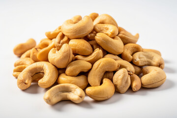Cashew nuts piled together on a white background