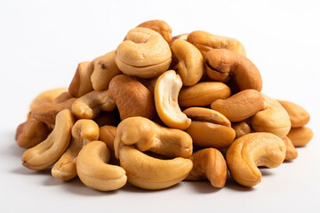 Fototapeta premium Cashew nuts piled together on a white background