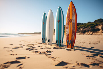 Colorful surfboards on the sand of the beach and the sea in the background. Sunset