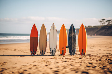 Colorful surfboards on the sand of the beach and the sea in the background. Sunset
