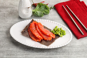 Sliced salmon sashimi in the plate