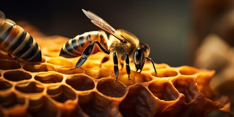 Detailed macro image of a bee collecting honey in a beehive Bee on a honeycomb in a hive, Generative AI - obrazy, fototapety, plakaty