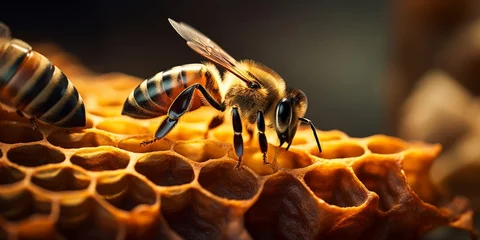 Fotobehang Detailed macro image of a bee collecting honey in a beehive Bee on a honeycomb in a hive, Generative AI © Yash