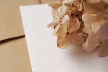 Feminine floral wedding, birthday stationery mock-up scene. Blank   greeting card. Dry hydrangea flower petals on light background.Side view, close-up.                            