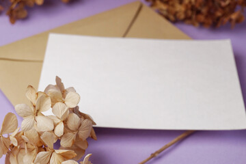 Blank wedding invitation or greeting card mockup with dried hydrangea flowers on trendy purple background. Side view with copy space.