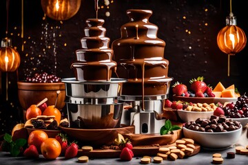 A chocolate fondue fountain with cascading liquid 