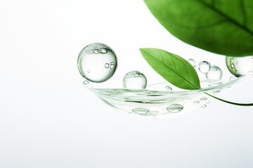 A ball of water droplets floating in a pure white space, green leaf eco sustainable abstract, Generative AI