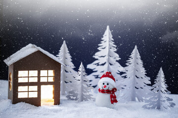 Winter paper house and fir Christmas trees. Paper house and snowman in winter city night landscape. Creative Christmas winter background.