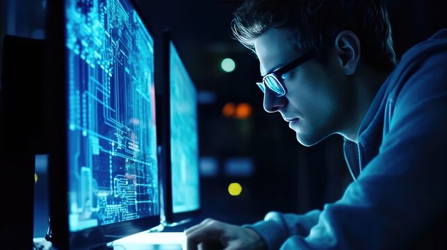 Close up male wearing glasses searching for code symbols on monitor computer.