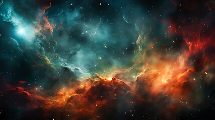 A backdrop of deep space and cosmic nebulas.