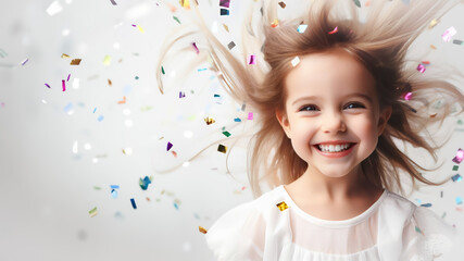 Happy little girl on celebration background.