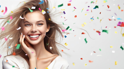 Beautiful young happy woman on celebration background.
