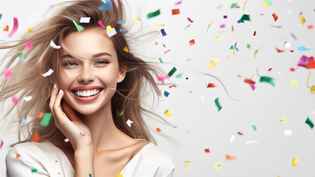 Beautiful young happy woman on celebration background.