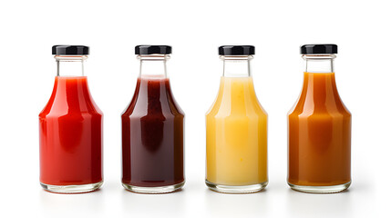 Sauces, Sauces isolated on white background, White sauce, cheese sauce, Soya sauce, Mustard sauce, Ketchup, Chili garlic
