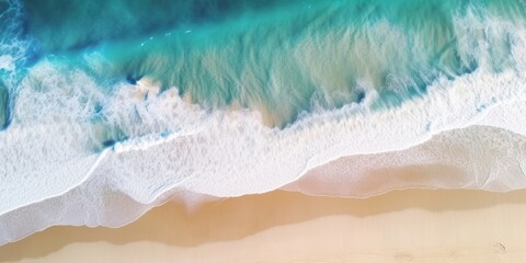 Fototapeta na wymiar Ocean waves on the beach as a background. Beautiful natural summer vacation holidays background. Aerial top down view of beach and sea with blue water, Generative AI