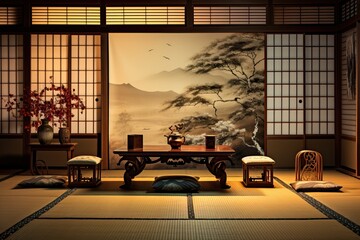 vintage japanese room background Traditional Japanese-style rooms on the upper floors - obrazy, fototapety, plakaty