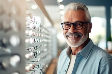 Happy mature man chooses glasses Vision care concept - obrazy, fototapety, plakaty